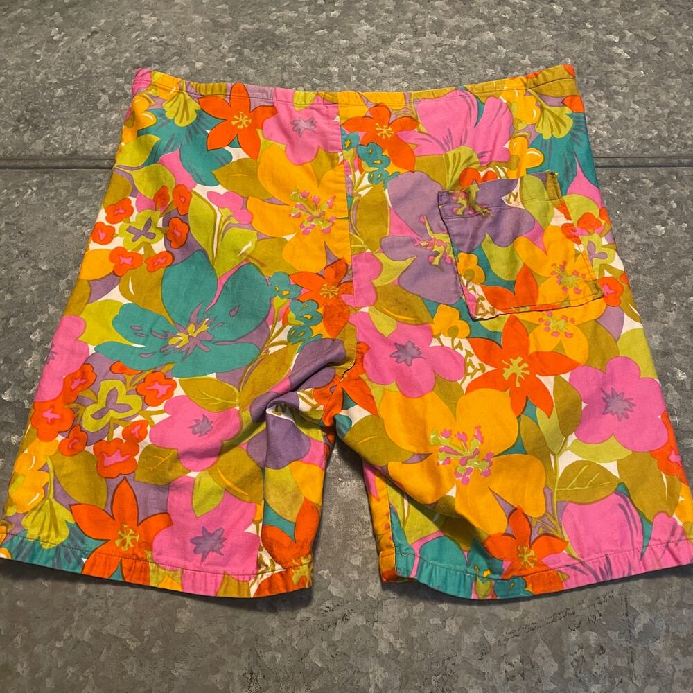 Vintage 60s Hawaiian Floral Swim Board Shorts Medium Cotton Trunks Retro Hippie - Picture 5 of 11